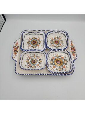 Spain Talavera Pottery Square Platter Bowl With 4 Dipping Dishes Blue White